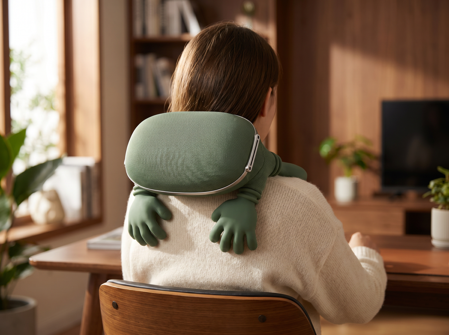 Person wearing NeckReset massager on shoulders at a desk