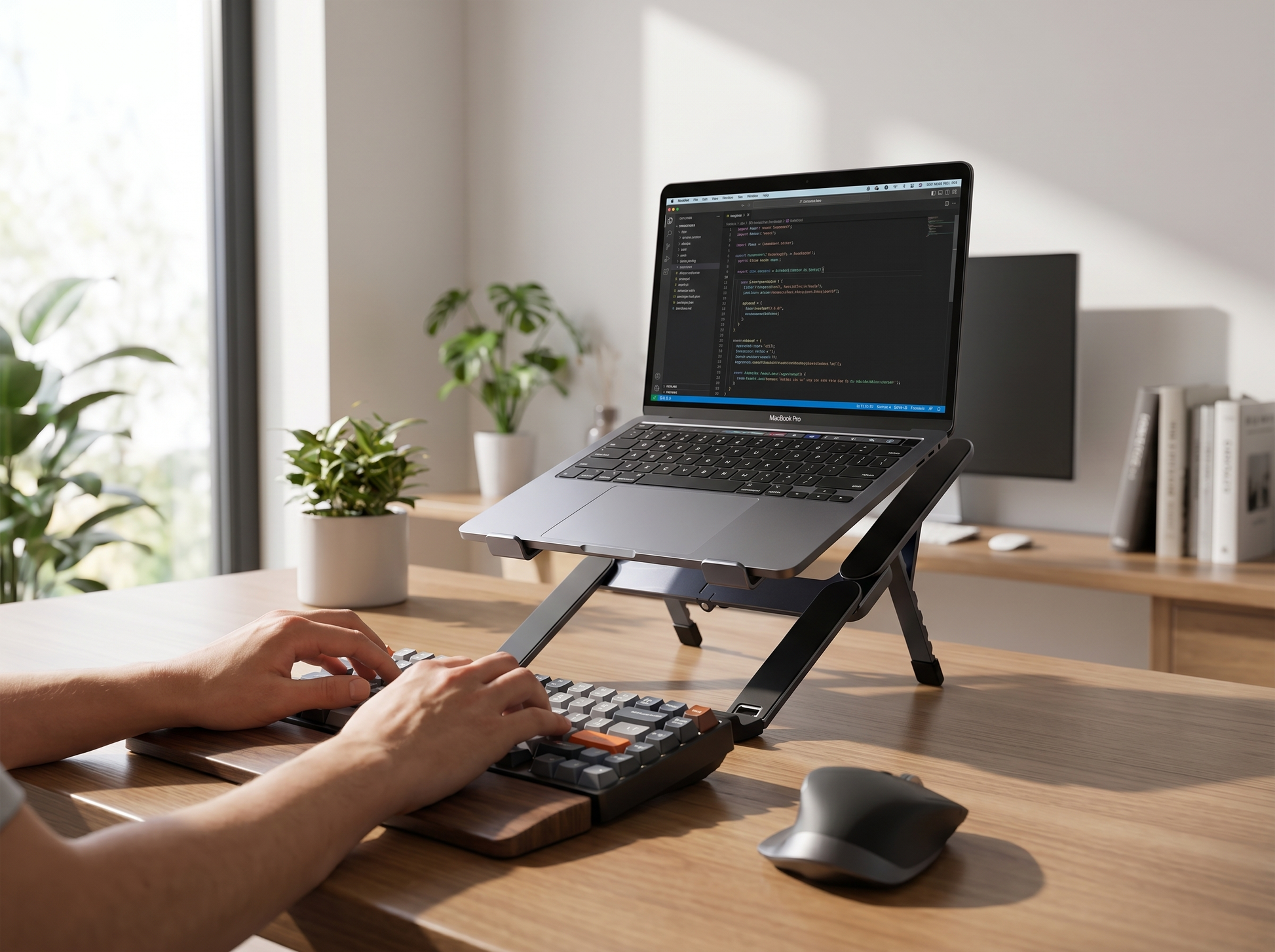 DeskRise laptop riser in use on a developer's desk