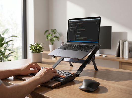 DeskRise laptop riser in use on a developer's desk
