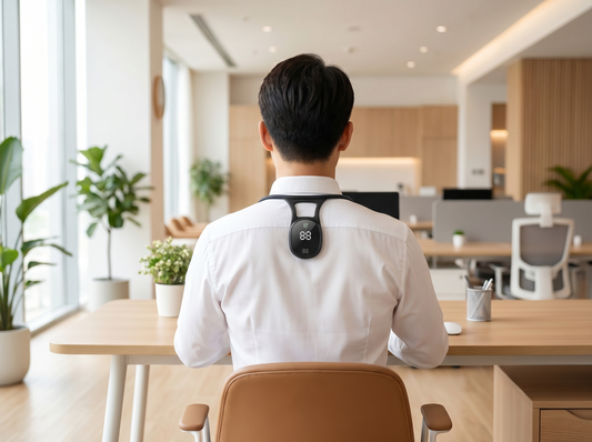 Person wearing PostureSense posture trainer at a desk