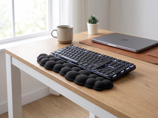 TypeEase wrist rest in front of a mechanical keyboard