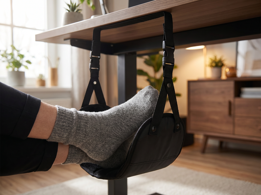 Feet resting in the FloatRest foot hammock under a desk