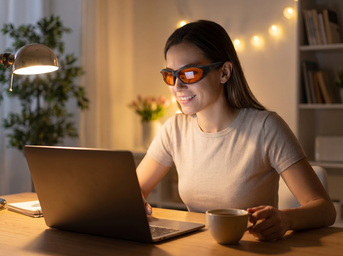 Woman wearing ScreenGuard blue light glasses at evening desk