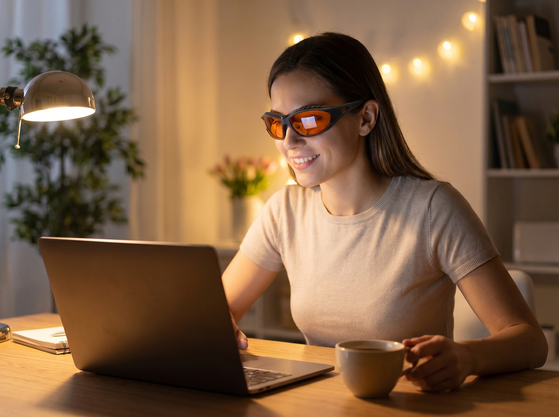 Woman wearing ScreenGuard blue light glasses at evening desk
